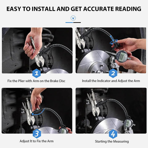 DXphita disc brake rotor runout gauge with digital indicator and 360-degree flexible stem; four-step setup.
