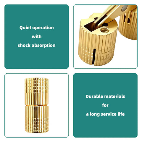 Close-up of Hidden Brass Barrel Hinges Kit For DIY Jewelry Boxes And Wooden Cabinets, showcasing design and material quality.