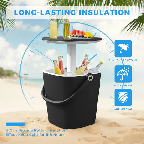 3-In-1 Resin Ice Bucket And Beverage Cooler Table For Outdoors With Lift Top Lid Wood-Look Side Table UV Protected And Drain Plug Party-Ready Poolside Patio Bar Entertaining Dark Black, showing ice and drinks