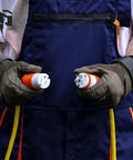 Rigged Right Heavy Duty Extension Cord Ends Male And Female Replacement Plug Connector Set Three Prong Grounded Nema 5 15P 5 15R held in hands with gloves.