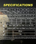 EC300 2600 Lumen Rechargeable LED Flashlight specifications chart with lumen outputs and beam distances for RGB and white lights