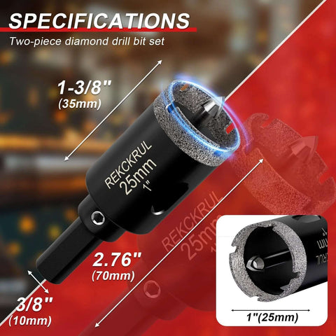 REKCKRUL 25mm diamond hole saw with pilot bit, side view of two-piece tile drilling set
