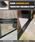 36 Inch Matte Black Floor Transition Strip For Tile Laminate And Vinyl Flooring Door Threshold Reducer Gap Cover Perfect For Kitchen Bedroom And Bathroom Doors No Drill Glue In Adhesive Not Included, shown in different doorway applications.