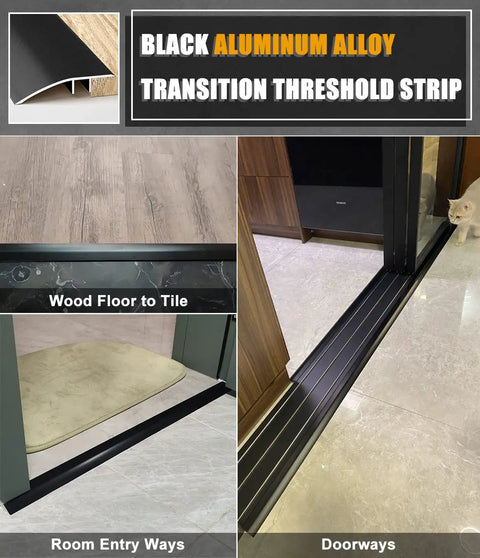 36 Inch Matte Black Floor Transition Strip For Tile Laminate And Vinyl Flooring Door Threshold Reducer Gap Cover Perfect For Kitchen Bedroom And Bathroom Doors No Drill Glue In Adhesive Not Included, shown in different doorway applications.