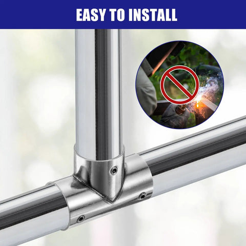 Close-up of Six Piece 1 Inch Tee Pipe Connectors Set for DIY Shelves and Garden Supports, stainless steel, easy installation shown.