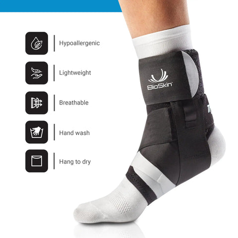TriLok Ankle Brace With Figure Eight Stabilizer And FootLok Arch Lift For Sprained Ankles And Plantar Fasciitis Lightweight Hypoallergenic Support For Women And Men Fits Most Shoes Gym Ready After Injury And Back To Play HSA FSA Eligible on foot showing design and material features displayed as icons