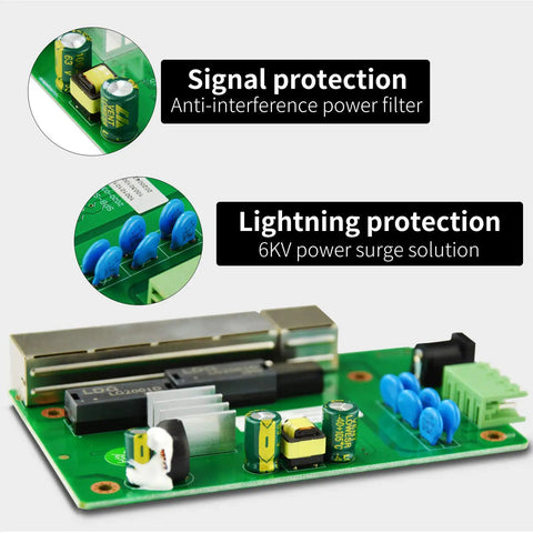 Internal circuit board of 5 Port Industrial Ethernet Switch with DIN Rail Mount featuring signal and lightning protection components.