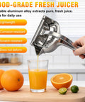 Nisuez Heavy Duty Manual Fruit Juicer Press For Lemons Limes Oranges extracting fresh juice into glass with oranges nearby.