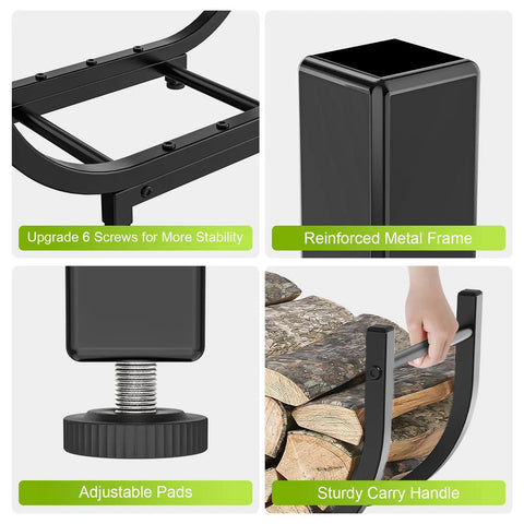Heavy Duty 30 Inch Firewood Rack For Indoor And Outdoor Use, Rustproof Steel Log Holder with adjustable pads and handle details