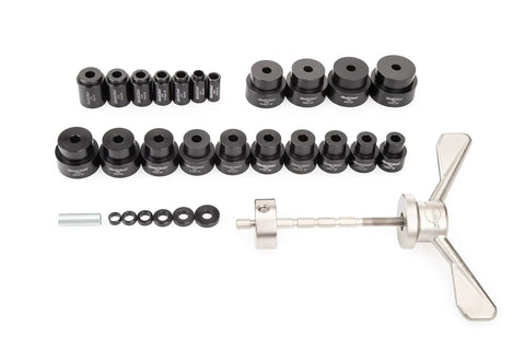 Pro Grade Suspension Bearing Kit With 27 Precision Machined Guides In A Handy Storage Case Easily Remove And Reinstall Bearings For Tight Square Linkage Alignment Silver, black guides and silver press tool