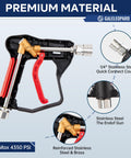 Compact Pressure Washer Gun With One Quarter Inch Quick Connector 4350 PSI High Power includes five spray nozzle tips.