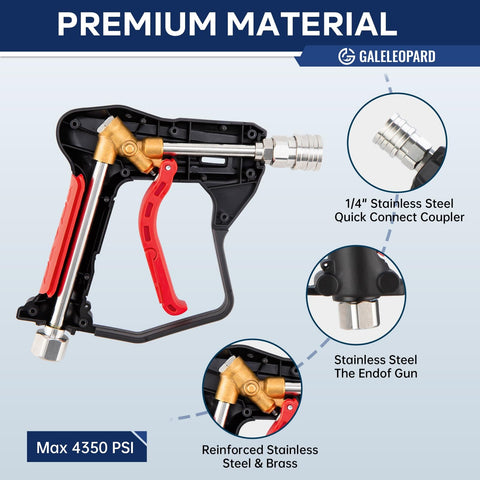 Compact Pressure Washer Gun With One Quarter Inch Quick Connector 4350 PSI High Power includes five spray nozzle tips.