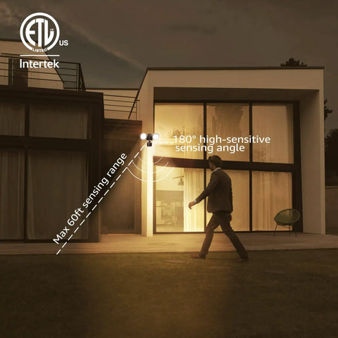 Bronze Dual Head Motion Sensor Flood Light, 1400lm Outdoor Security Light illuminating yard, detecting motion at night