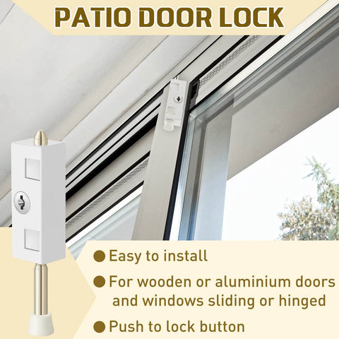 Image showing a two piece sliding patio door lock set with keyed lock rectangle security bar for glass doors, installed view.