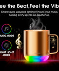 Smart Self Heating Coffee Mug With 12 Oz Capacity And Ai Auto Warm Tech Features Music Reactive Ambient Lights in gold finish.