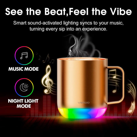 Smart Self Heating Coffee Mug With 12 Oz Capacity And Ai Auto Warm Tech Features Music Reactive Ambient Lights in gold finish.
