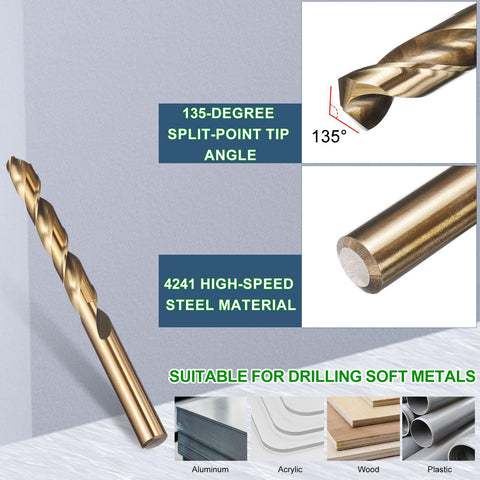 Image of the 7 16th Inch Drill Bit Set By METALLIXITY, showing high-speed steel, gold finish, and 135-degree point angle for soft metals.