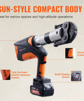 Tough As Nails 18V Cordless Electric Pipe Crimping Tool For One Half To Two Inch Copper Plumbing Connections With Brushless Motor And 360 Degree Rotating Jaw Set Compatible With Propress showing gun-style compact body and OLED display.