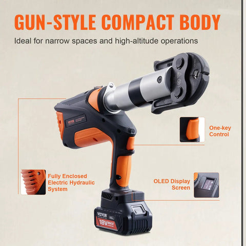 Tough As Nails 18V Cordless Electric Pipe Crimping Tool For One Half To Two Inch Copper Plumbing Connections With Brushless Motor And 360 Degree Rotating Jaw Set Compatible With Propress showing gun-style compact body and OLED display.