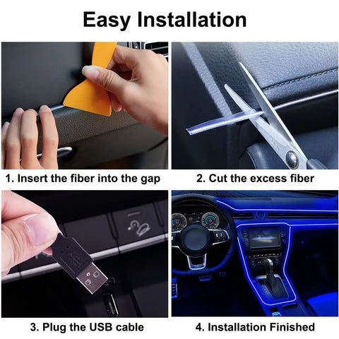 Interior Car LED Strip Lights 16.5Ft USB Neon EL Wire With 6mm Sewing Edge Blue Ambient Lighting Kit installation process