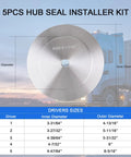 Heavy Duty Truck Hub Seal Installer Kit With Seal Drivers for quick removal and reinstallation showing dimensions and size chart.