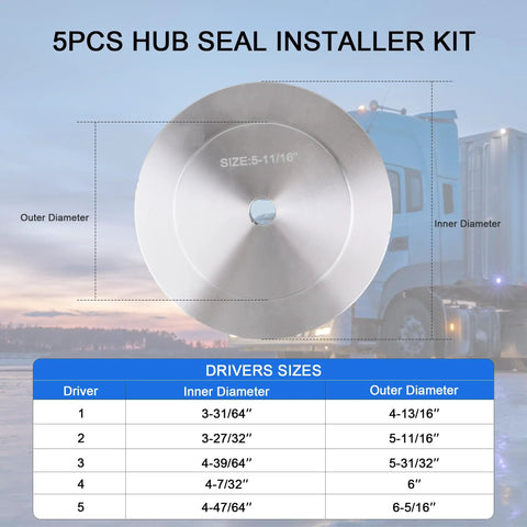 Heavy Duty Truck Hub Seal Installer Kit With Seal Drivers for quick removal and reinstallation showing dimensions and size chart.