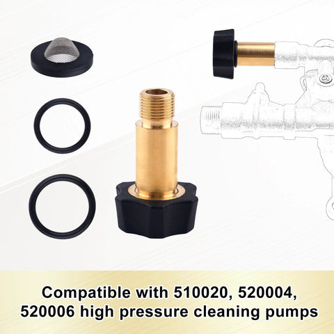 Gosknor brass inlet fitting for high-pressure washer with threaded end, O-rings, and filter cap