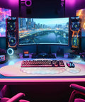 Gaming desk setup with Rainbow Cloud Mouse Pad Set With Keyboard Wrist Rest And Mouse Wrist Pad Waterproof Large Desk Pad Ergonomic 35.4 By 15.7 Inch Wrist Support Must Have Colorful Rainbow Office Accessory under gaming keyboard and mouse.