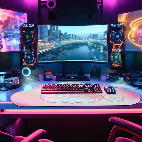 Gaming desk setup with Rainbow Cloud Mouse Pad Set With Keyboard Wrist Rest And Mouse Wrist Pad Waterproof Large Desk Pad Ergonomic 35.4 By 15.7 Inch Wrist Support Must Have Colorful Rainbow Office Accessory under gaming keyboard and mouse.