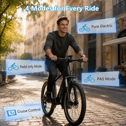 Man riding Awesome 1500W Peak Ebike For Adults with 48V 12Ah Battery, showcasing four riding modes on city street.