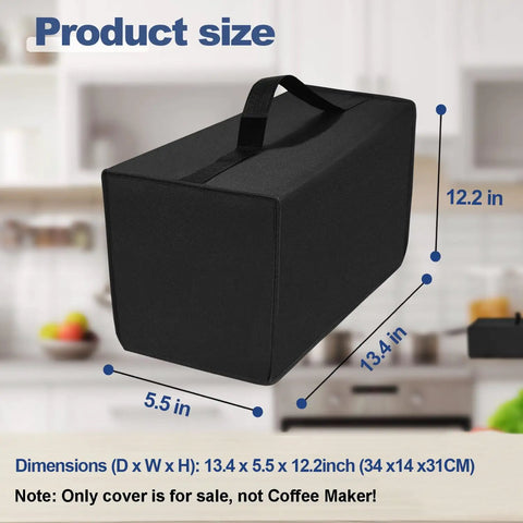 Heavy Duty Waterproof Dust Cover For Single Serve Coffee Makers That Keeps Your K Cup Pod Machine Covered From Dust And Spills Like A Pro, 13.4 x 5.5 x 12.2 inches, black, shown in kitchen environment with measurements