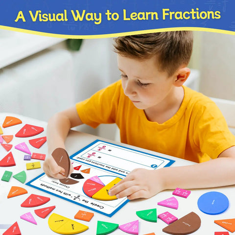 Child using Hands On Fraction Tiles And Circles Activity Set For Kids Ages 6 To 12, with visual circles and fraction bars.