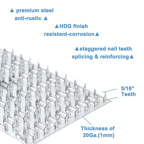 Close-up of Ten Pack Truss Plates 4x6 Inch Pronged Mending Plates with nail teeth, HDG finish, anti rust, corrosion resistant steel.