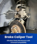 Installed Beefy All In One Heavy Duty 24 Piece Brake Caliper Compression Tool Set with disc adapters and thrust bolts on car brake