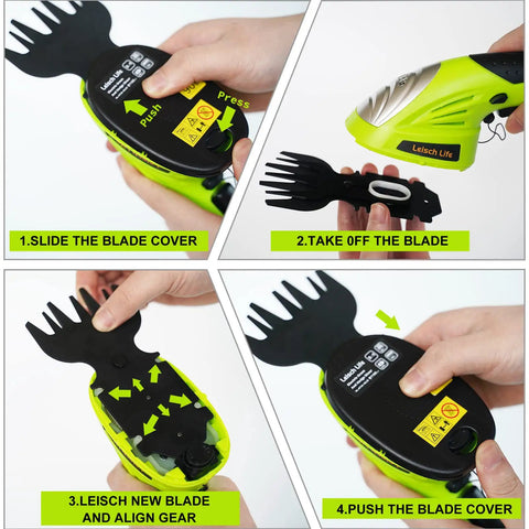 Steps showing how to replace the blades on a Cordless Grass Shear And Hedge Trimmer 2 In 1 Handheld Yard Tool With Pruning Scissors.