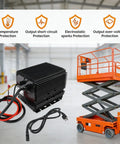 Jobsite Ready Hb600 24V 25A Scissor Lift Battery Charger Replacement For Genie Skyjack Jlg Lifts beside a scissor lift.