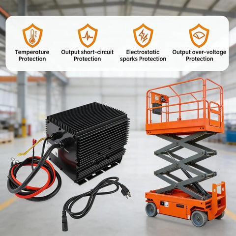 Jobsite Ready Hb600 24V 25A Scissor Lift Battery Charger Replacement For Genie Skyjack Jlg Lifts beside a scissor lift.
