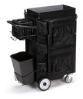 Heavy Duty Rolling Utility Cart With Four Drawers For Trades And Warehouses Snag Everything Inside Roll On Smooth Casters Portable Shop Organizer Built Like A Tank For The Daily Grind, featuring black fabric drawers, a side basket, and a waste container.