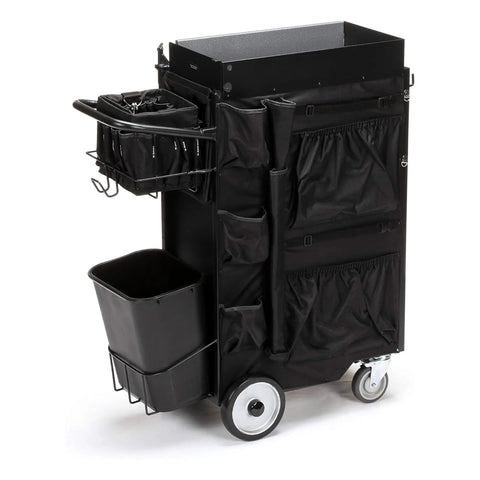 Heavy Duty Rolling Utility Cart With Four Drawers For Trades And Warehouses Snag Everything Inside Roll On Smooth Casters Portable Shop Organizer Built Like A Tank For The Daily Grind, featuring black fabric drawers, a side basket, and a waste container.