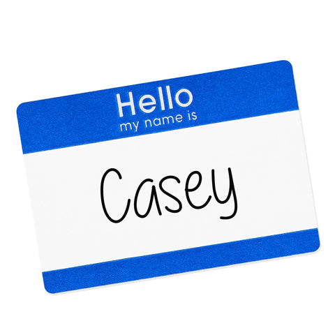 Customizable Hello My Name Is Name Tags White With Blue Border Removable Adhesive For Laser And Inkjet Printing 100 Pack, "Casey" example.