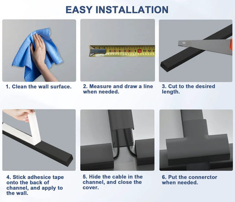 Six-step installation guide for Cord Cover Raceway Kit 15.7 Inch Cable Concealer And Wire Hider For TV Wall Mounts.