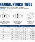 Heavy Duty Manual Ratchet Knockout Hole Punch Kit Built To Last With Six Dies From One Half Inch To Two Inches Draw Studs With Bearings Grease Portable Electrical Conduit Hole Cutter Tool Set In Blue diagram and chart
