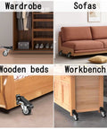 Heavy Duty Retractable Workbench Casters Kit Straight Up 300Kg Capacity shown on various furniture like wardrobes and sofas.