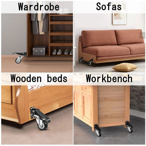 Heavy Duty Retractable Workbench Casters Kit Straight Up 300Kg Capacity shown on various furniture like wardrobes and sofas.