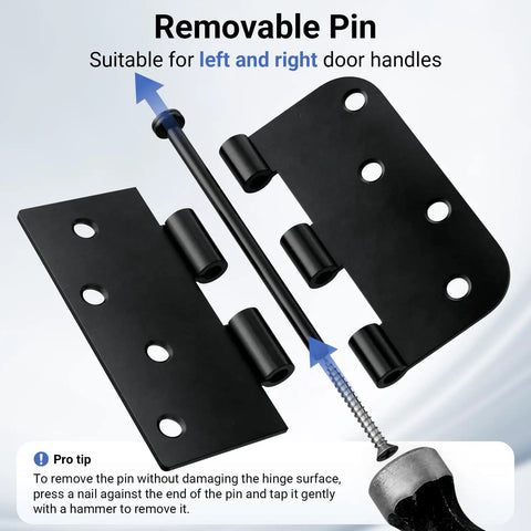 Six Pack Matte Black 4 Inch Door Hinges Heavy Duty Iron Exterior Interior With 5/8 Radius And Square Corners Removable Pin