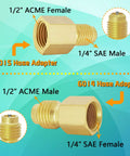 3 Piece AC Manifold Gauge Hose Set With Self Sealing Puncture Style R134A Can Taps, R134A Adjustable Quick Couplers, And Refrigerant Tank Adapters For A C Refrigerants, Charging And Diagnostics. Brass 6015 hose adapter set with 1/2 ACME and 1/4 SAE ends
