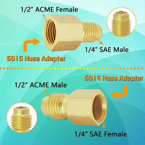 3 Piece AC Manifold Gauge Hose Set With Self Sealing Puncture Style R134A Can Taps, R134A Adjustable Quick Couplers, And Refrigerant Tank Adapters For A C Refrigerants, Charging And Diagnostics. Brass 6015 hose adapter set with 1/2 ACME and 1/4 SAE ends