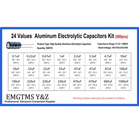 Chart of Dope Electrolytic Capacitor Kit With 24 Values And 500 Pieces From 0.1uF To 1000uF 10V 16V 25V 50V Aluminum Capacitors