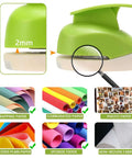 1.5 Inch Circle Punch With Lever Handle showing its cutting thickness and compatible paper types for crafts like cards and tags.