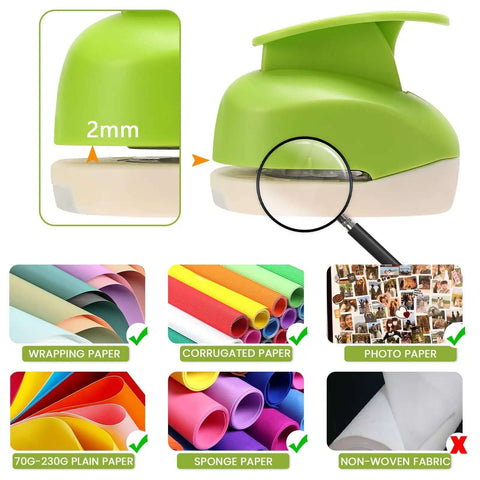 1.5 Inch Circle Punch With Lever Handle showing its cutting thickness and compatible paper types for crafts like cards and tags.